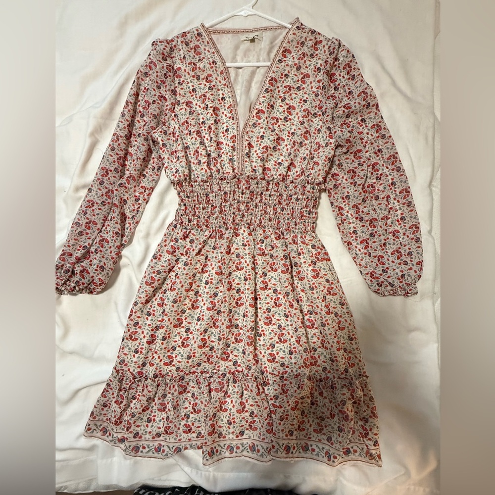 Max Studio Cream Mini Dress with Red & Green Floral Print